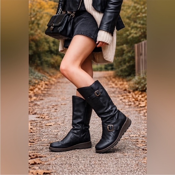 Fly London MES 2 Black Leather Mid-Calf Lug Sole Wedge Boots | EU 38 - Picture 2 of 9